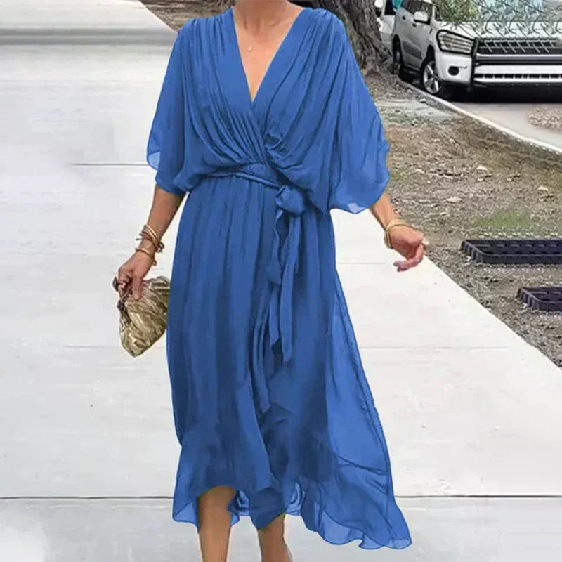 Deep V-Neck Wrap Flutter Sleeve Tie Waist Maxi Gown - View 5