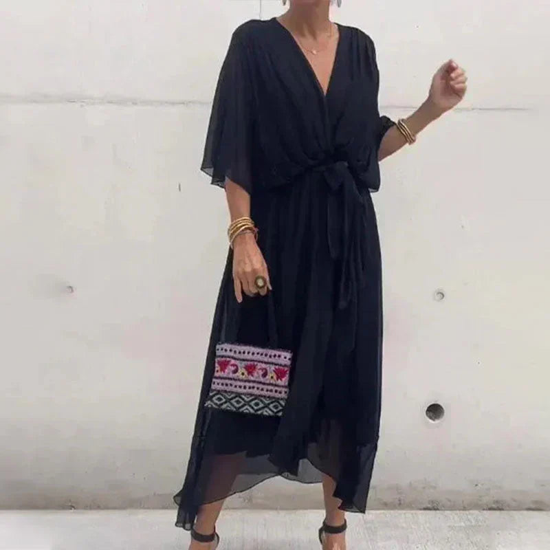 Deep V-Neck Wrap Flutter Sleeve Tie Waist Maxi Gown - View 3