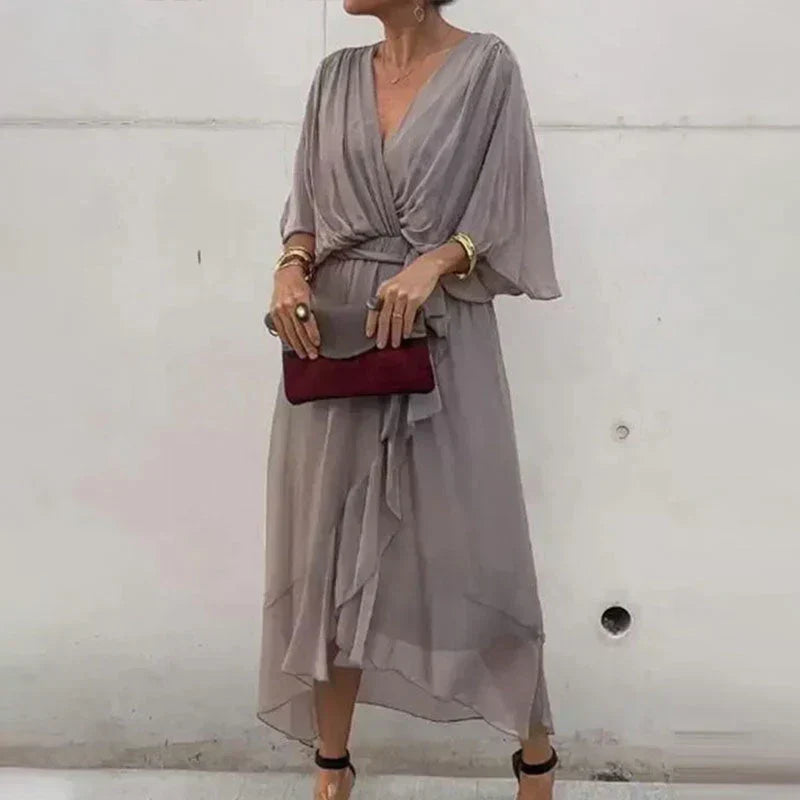 Deep V-Neck Wrap Flutter Sleeve Tie Waist Maxi Gown - View 7