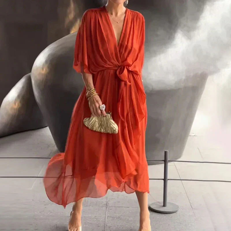 Deep V-Neck Wrap Flutter Sleeve Tie Waist Maxi Gown - View 8