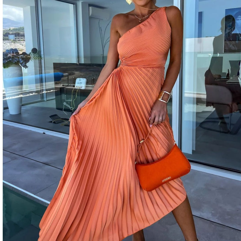 One Shoulder Pleated Maxi Dress in Black - View 4
