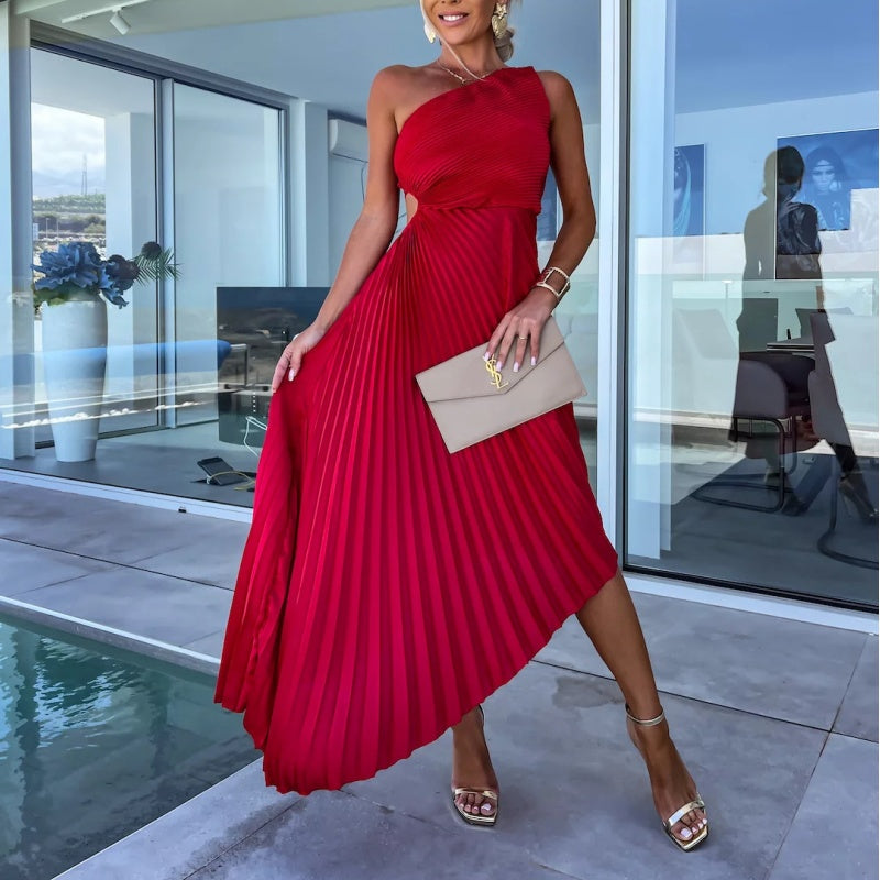 One Shoulder Pleated Maxi Dress in Black - View 8