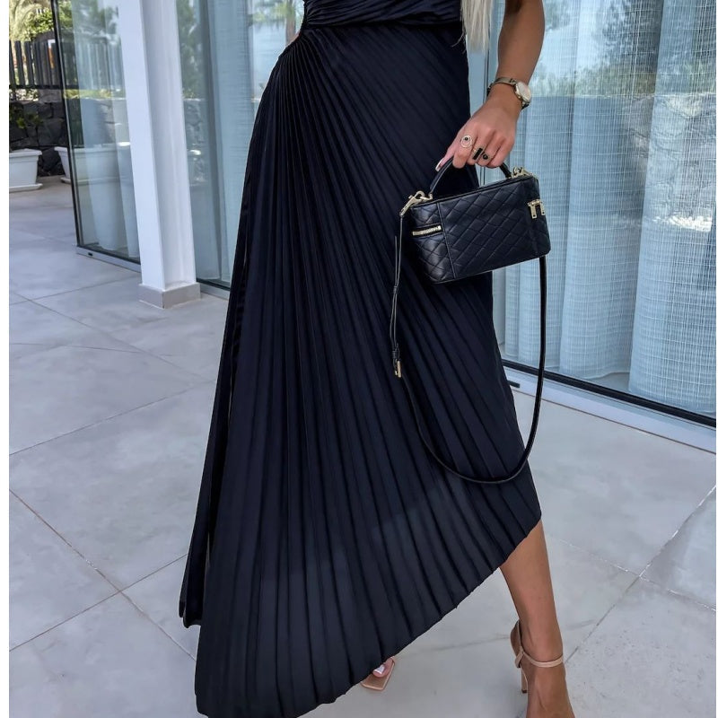 One Shoulder Pleated Maxi Dress in Black - View 10