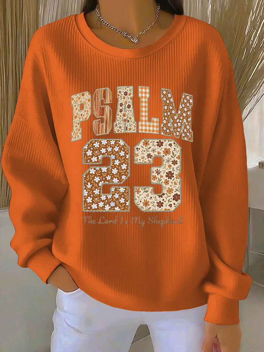 Crew Neck Psalm 23 Floral Letter Print Ribbed Sweatshirt