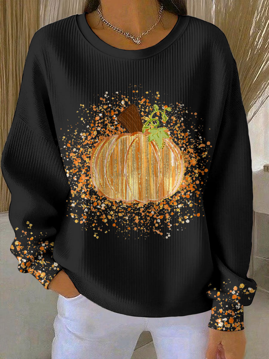 Crew Neck Long Sleeve Pumpkin Print Ribbed Sweatshirt