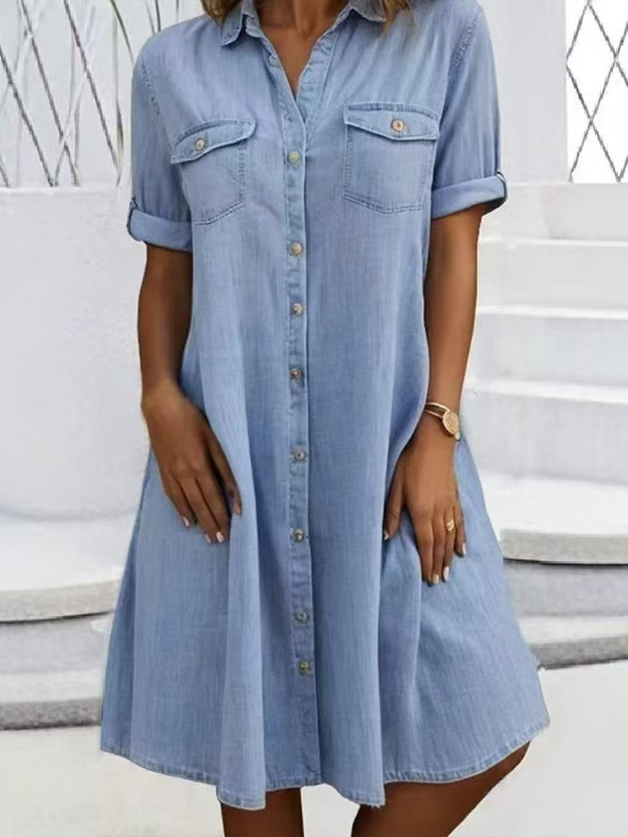 Button Front Short Sleeve Denim Shirt Dress 4