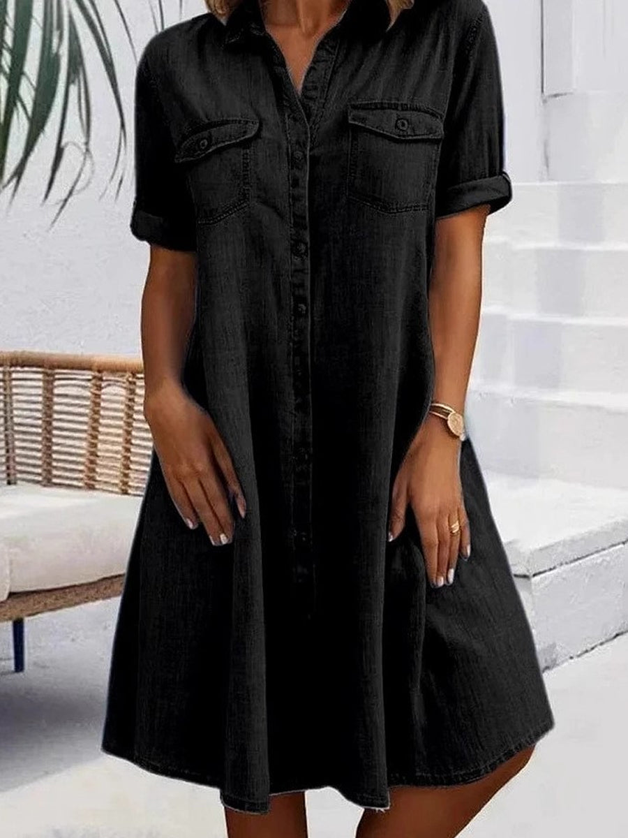 Button Front Short Sleeve Denim Shirt Dress 3