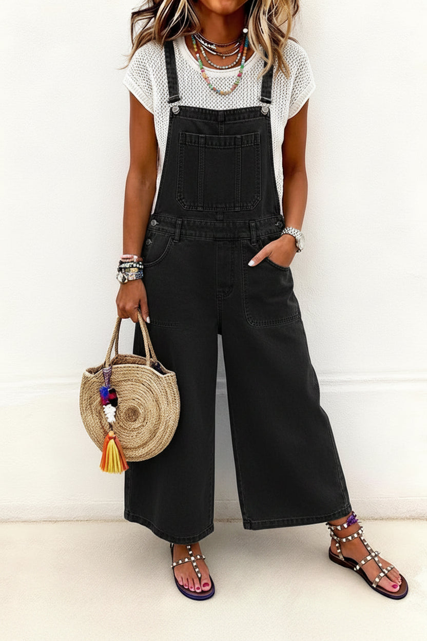 Adjustable Strap Wide Leg Cropped Denim Overalls