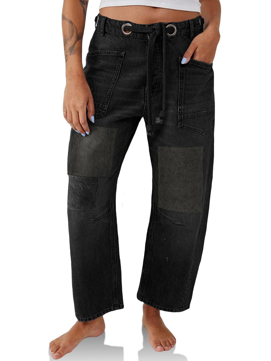 Rope Drawstring Patchwork Straight Leg Jeans 2