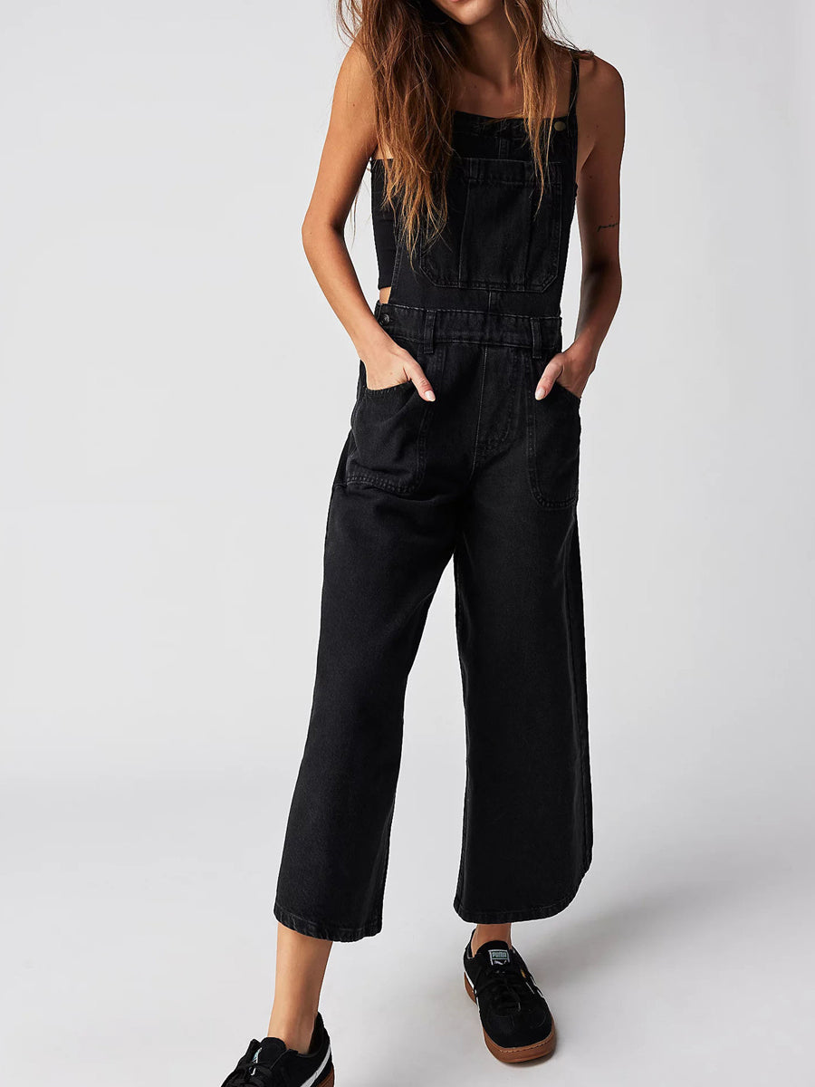 Adjustable Strap Wide Leg Cropped Denim Overalls 3