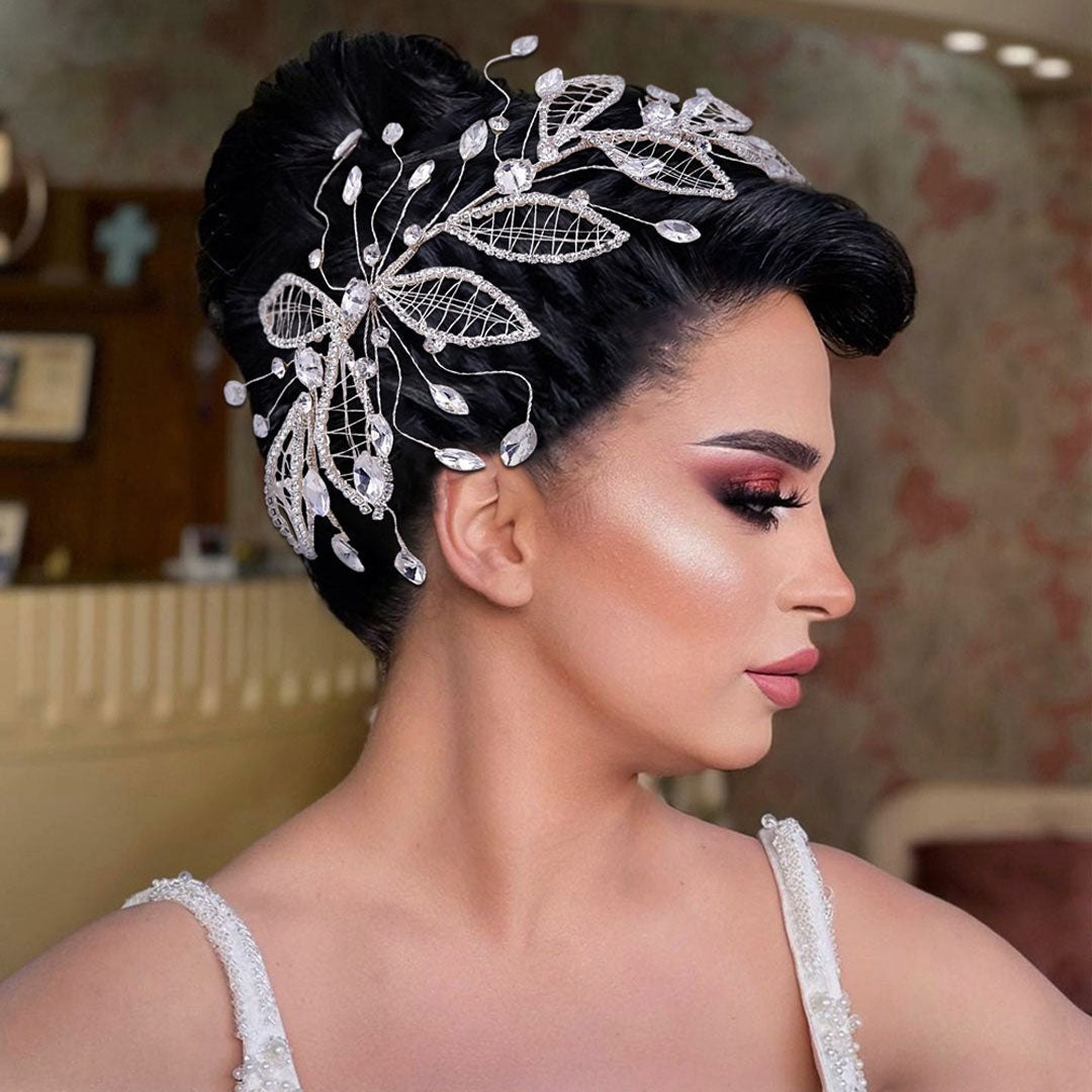 Spring Bloom Silver Tone Embellished Crystal Leaf Bridal Hair Vine