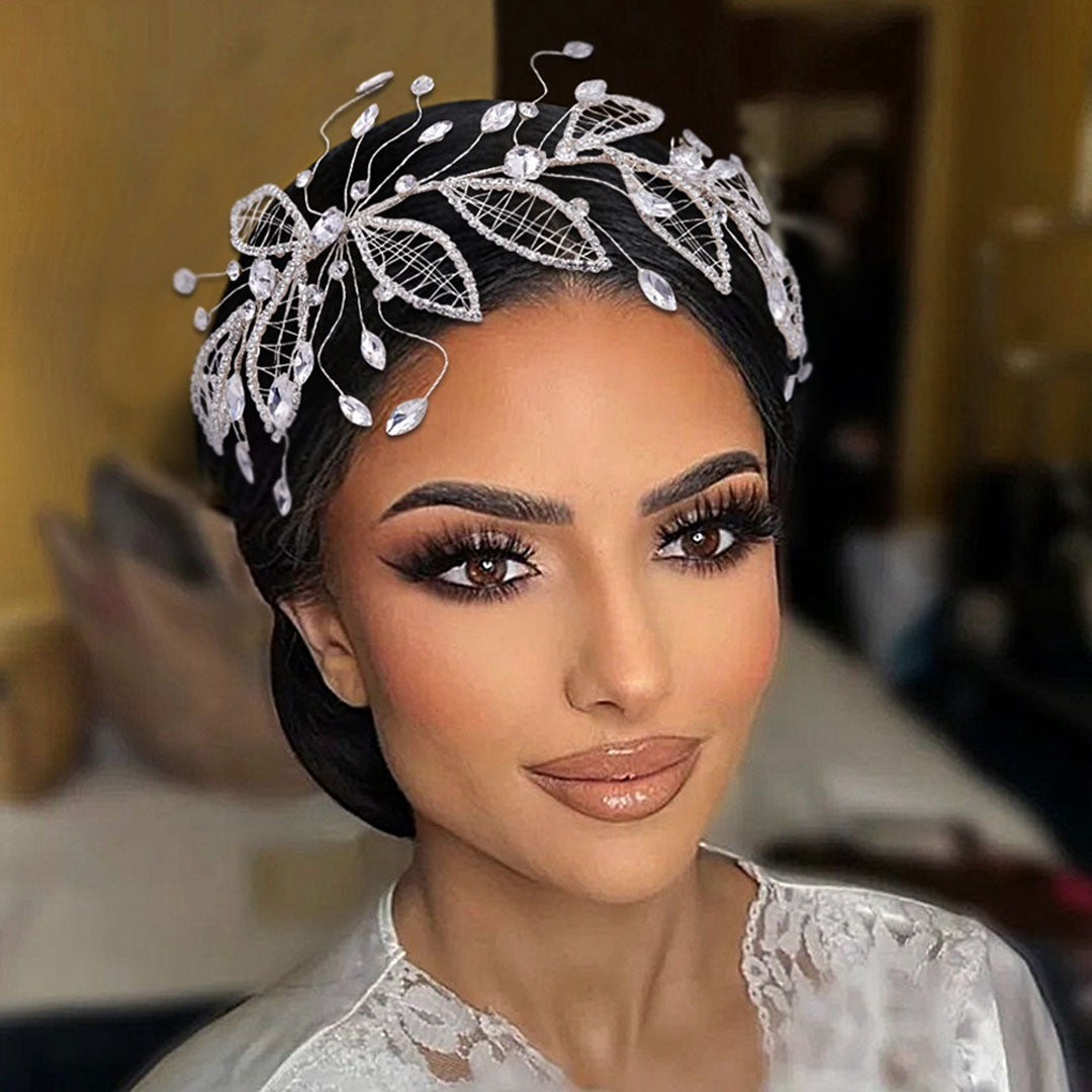 Spring Bloom Silver Tone Embellished Crystal Leaf Bridal Hair Vine