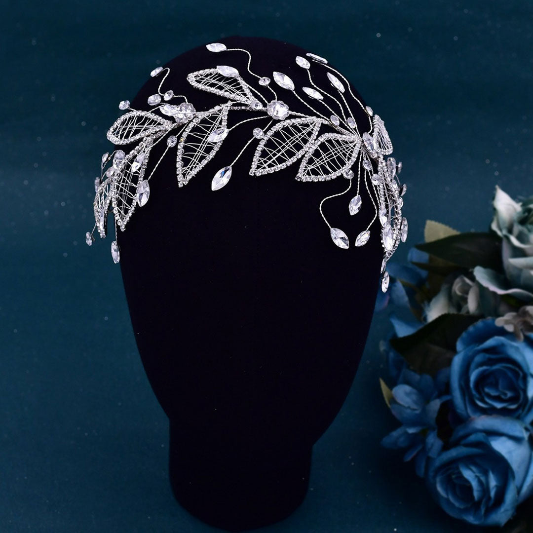 Spring Bloom Silver Tone Embellished Crystal Leaf Bridal Hair Vine