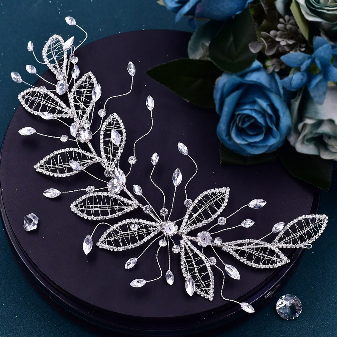 Spring Bloom Silver Tone Embellished Crystal Leaf Bridal Hair Vine