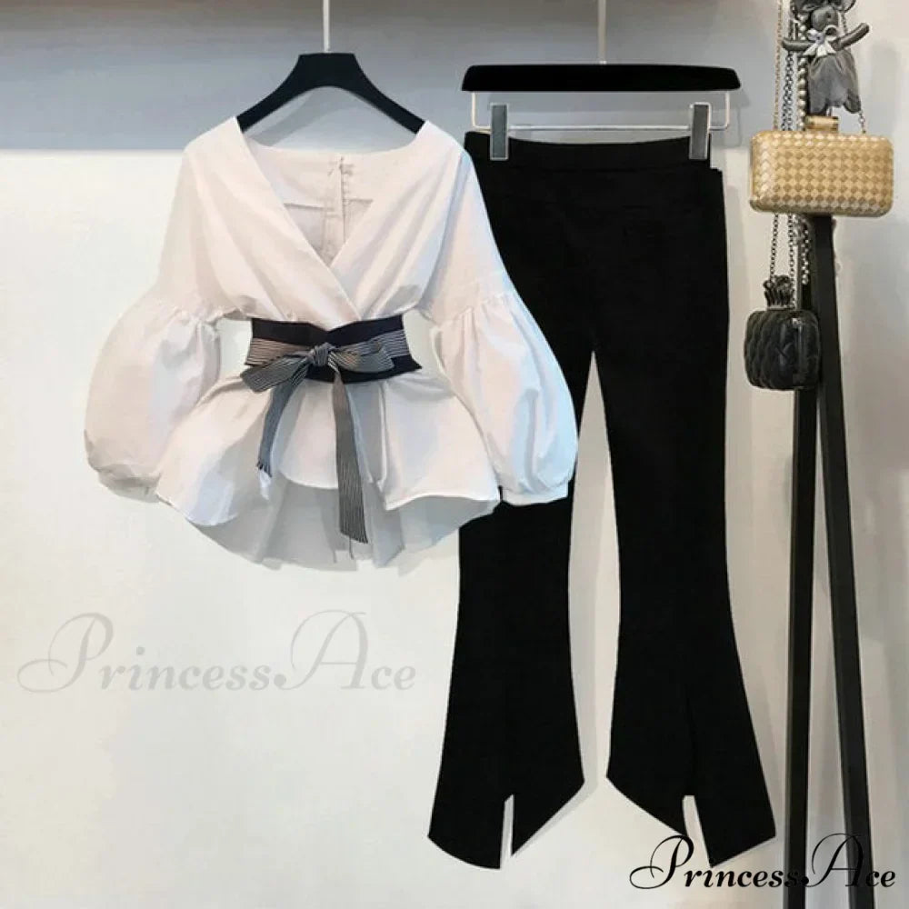 Spring Women's Bow Pants Lantern Flare Black + Striped Split Warm-Season Blouse Arm Arm Set - Fashionpara