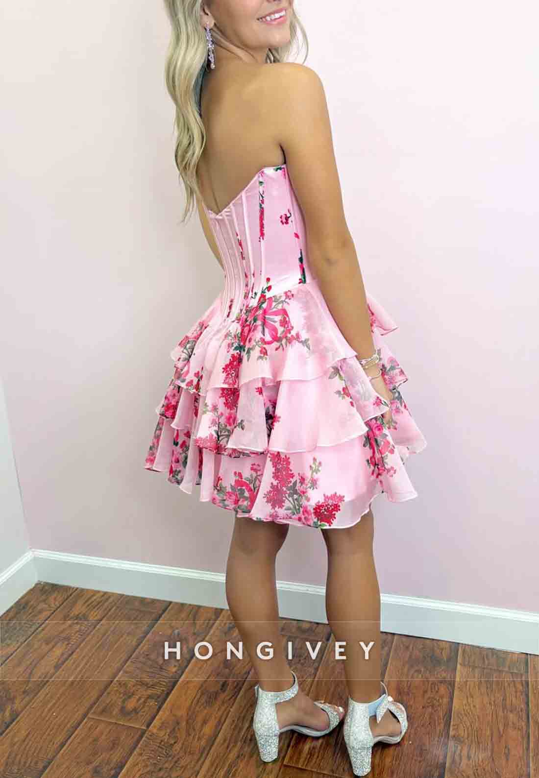 Strapless Floral Print Ruffles Sleeveless Pleated A-Line Short Homecoming dresses
