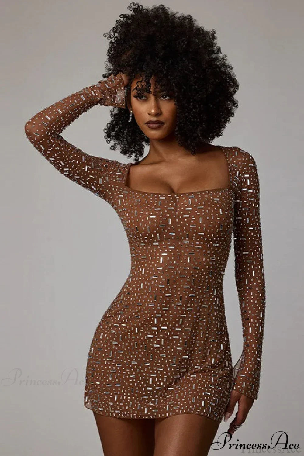 Rhinestone Square Neck Long Sleeve Bodycon Mini Dress 6
