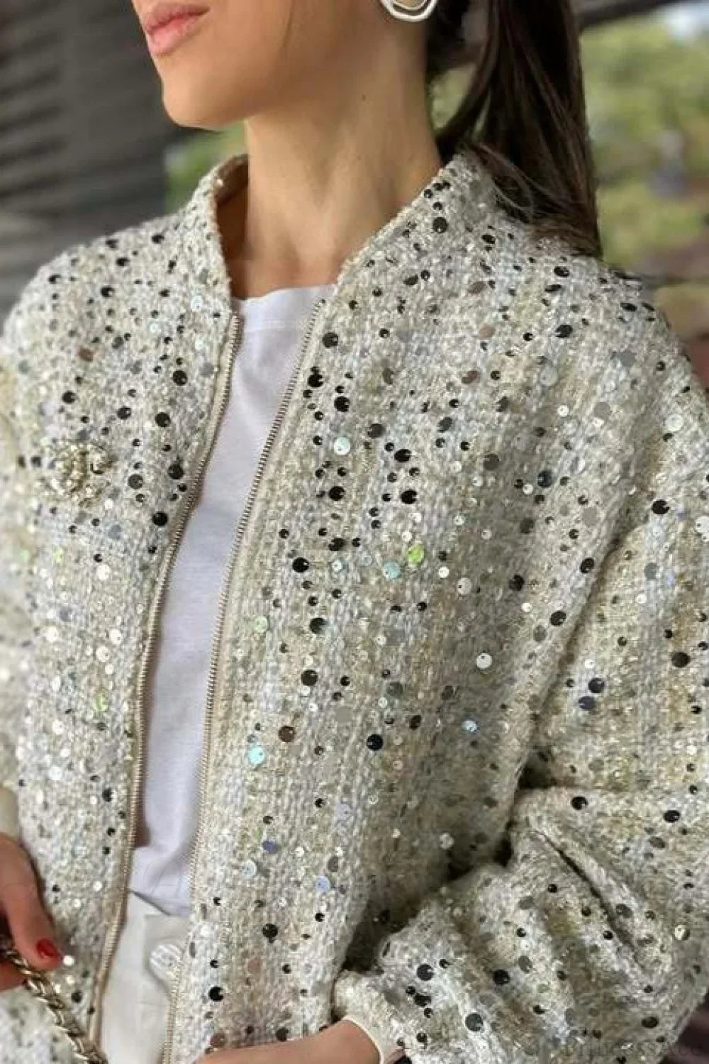 Stand Collar Sequin Long Sleeve Jacket 2