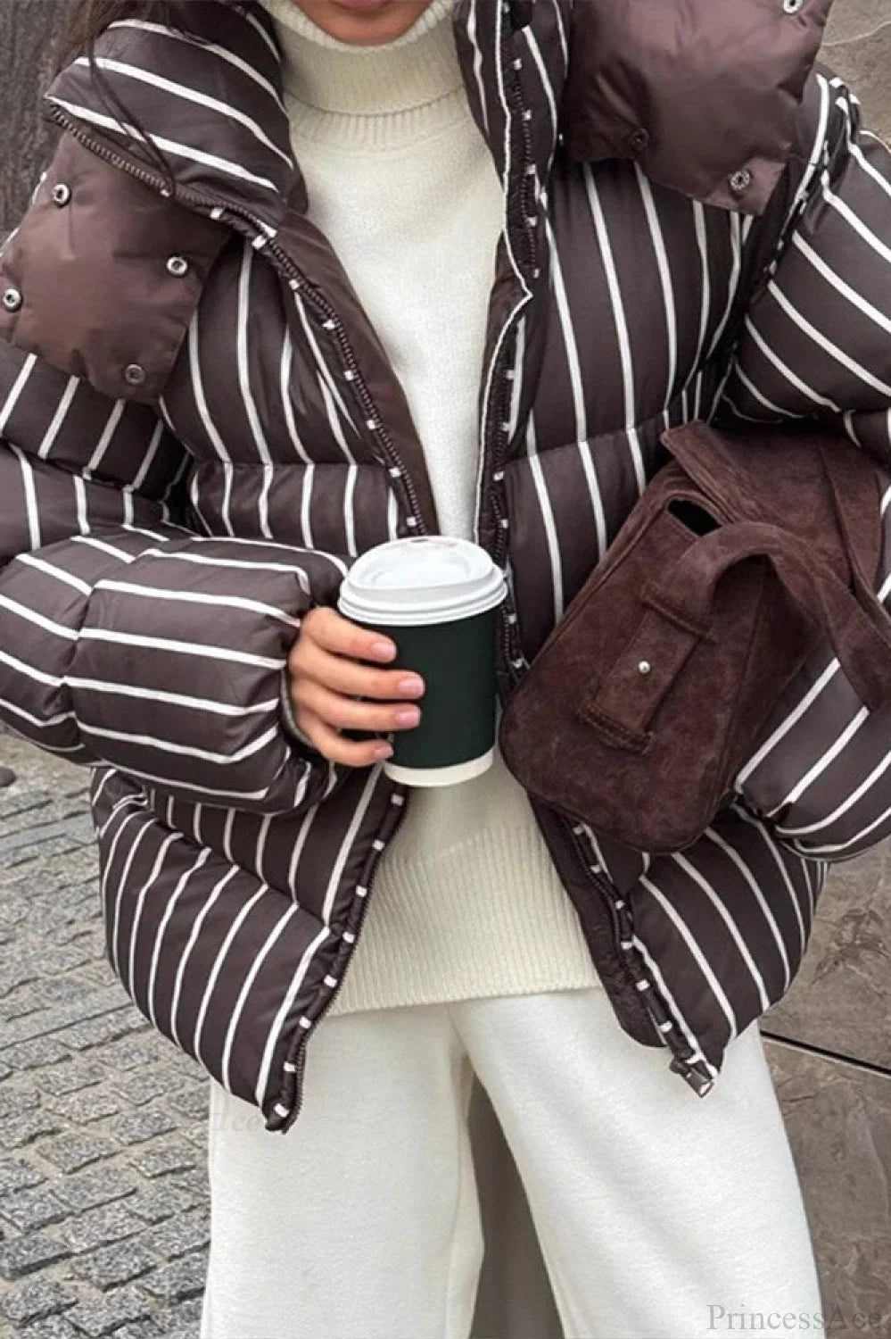 Stand Collar Striped Hooded Warm Quilted Coat 2