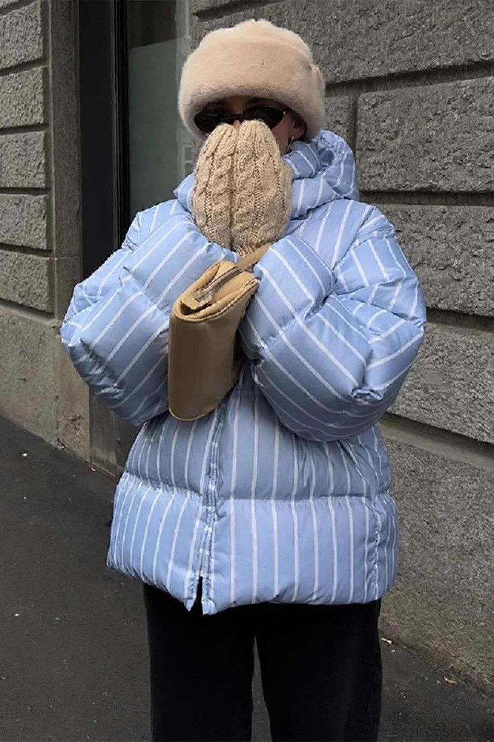 Stand Collar Striped Hooded Warm Quilted Coat 3
