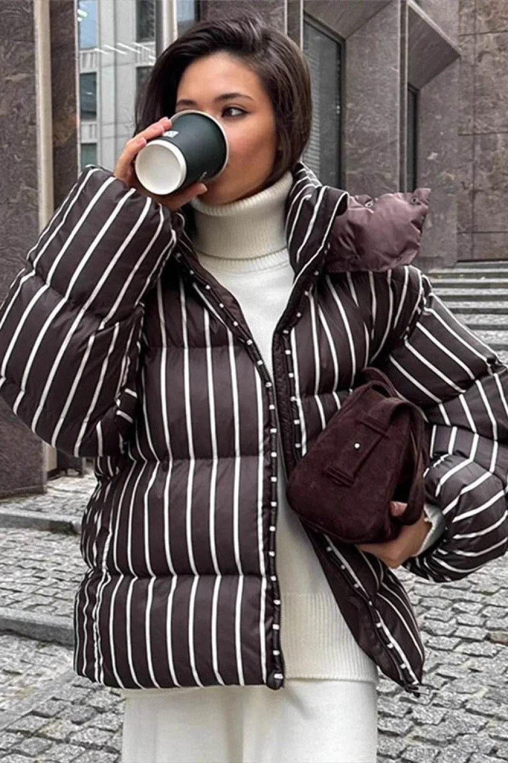 Stand Collar Striped Hooded Warm Quilted Coat