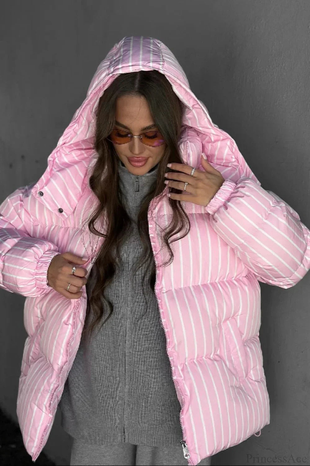 Stand Collar Striped Hooded Warm Quilted Coat 5