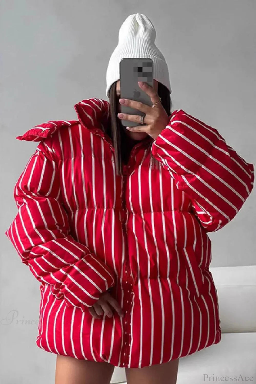 Stand Collar Striped Hooded Warm Quilted Coat 4