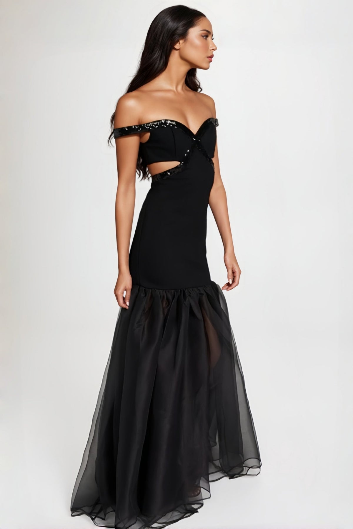 Sequin Trim Off Shoulder Sweetheart Cut Out Mermaid Tulle Maxi Gown - View 2