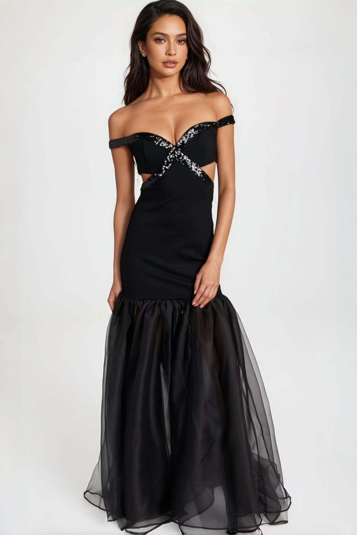 Sequin Trim Off Shoulder Sweetheart Cut Out Mermaid Tulle Maxi Gown