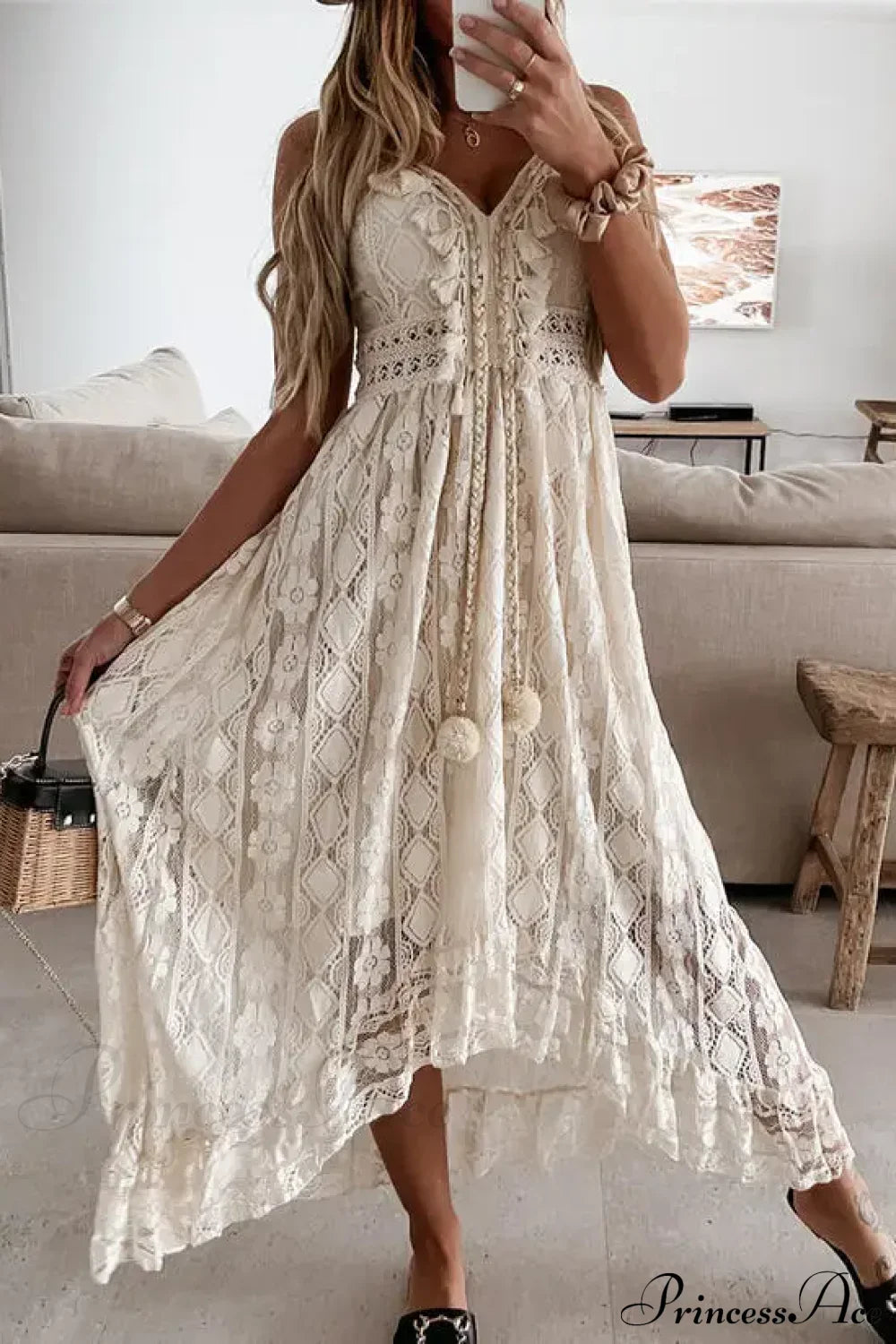 Strap Sleeveless Deep V-neck Tassel Lace Maxi White Boho Dress Beige / S bohodress-250126
