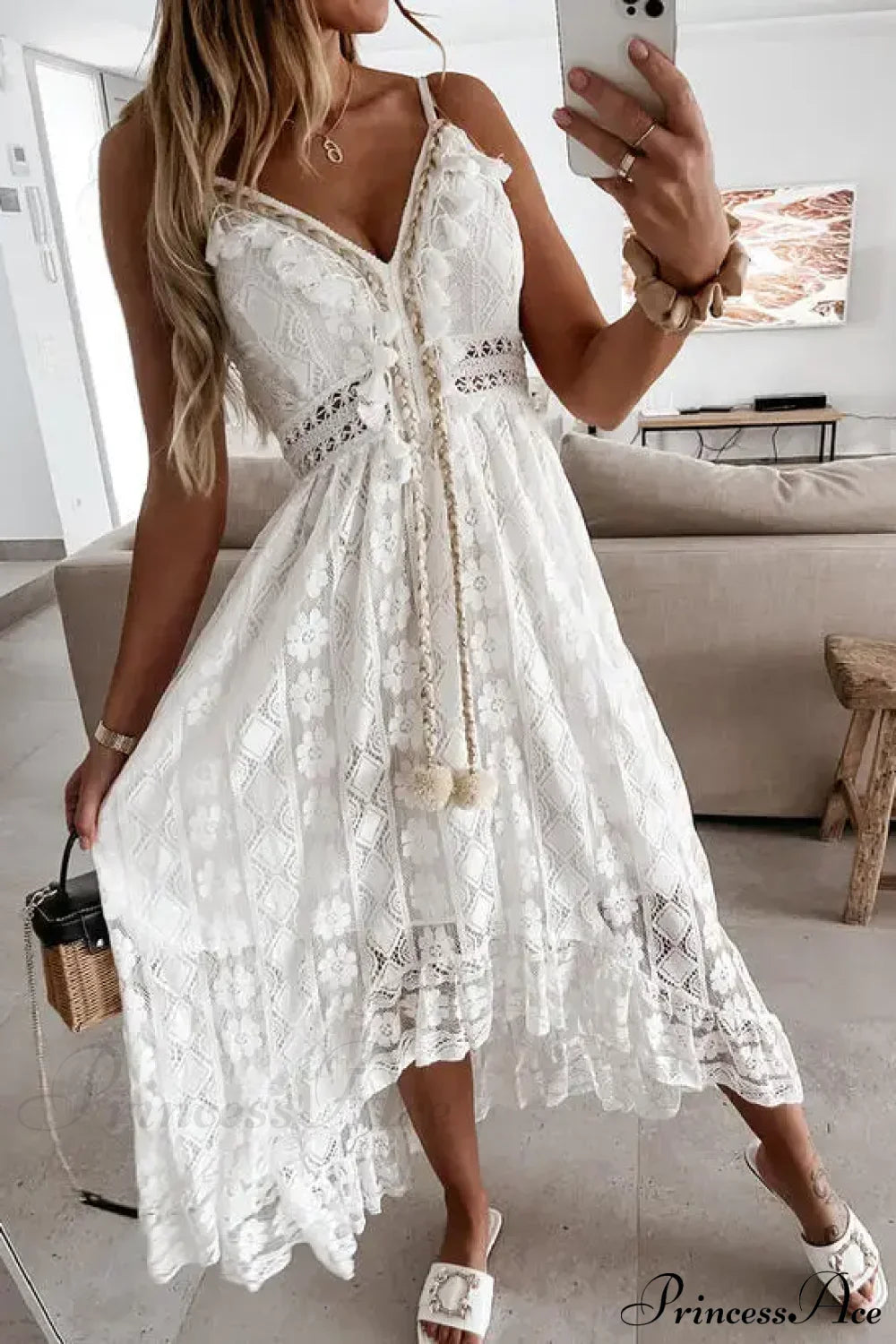 Strap Sleeveless Deep V-neck Tassel Lace Maxi White Boho Dress