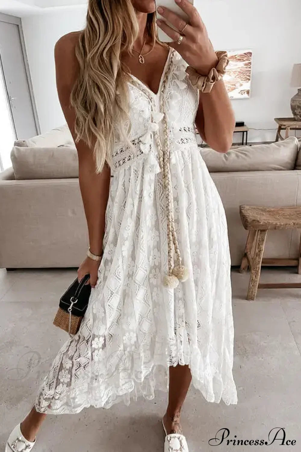 Strap Sleeveless Deep V-neck Tassel Lace Maxi White Boho Dress