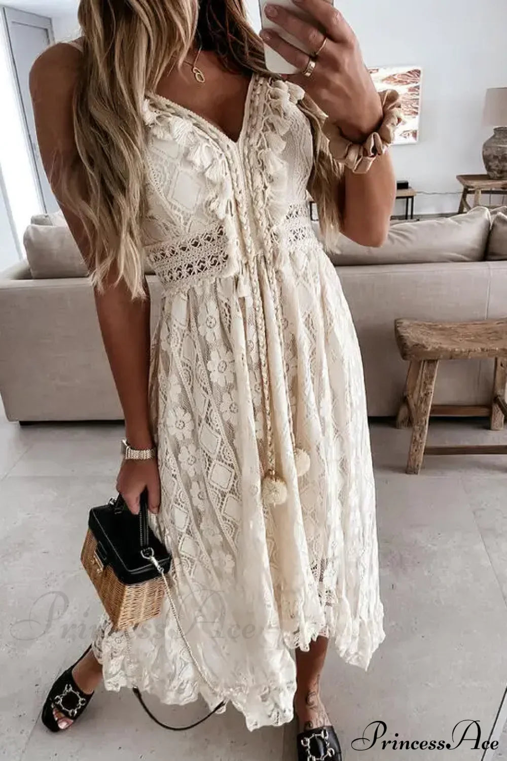 Strap Sleeveless Deep V-neck Tassel Lace Maxi White Boho Dress