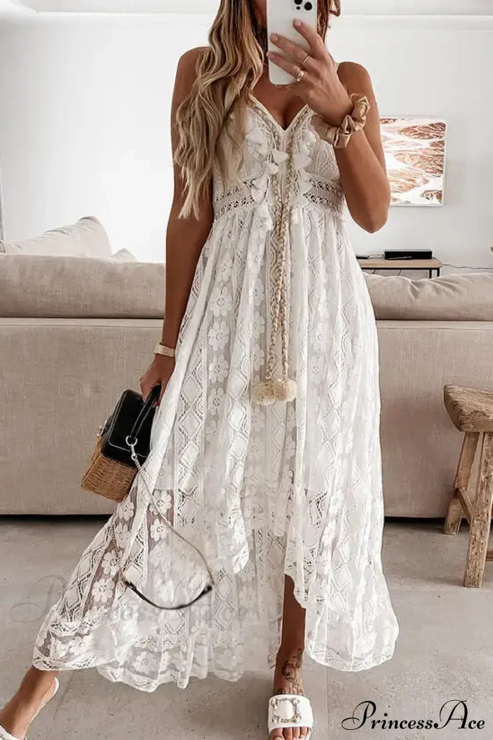 Strap Sleeveless Deep V-neck Tassel Lace Maxi White Boho Dress White / S bohodress-250126