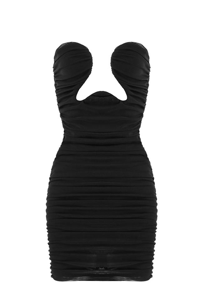 Strapless Deep V Underwire Ruched Bodycon Mini Party Dress - Black  Fashionpara
