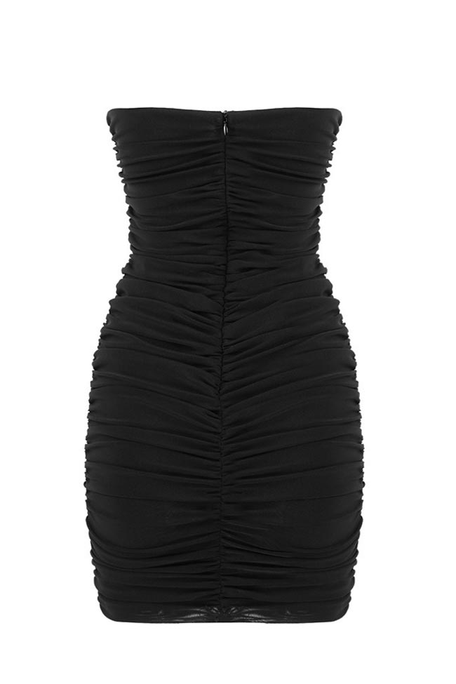 Strapless Deep V Underwire Ruched Bodycon Mini Party Dress - Black  Fashionpara