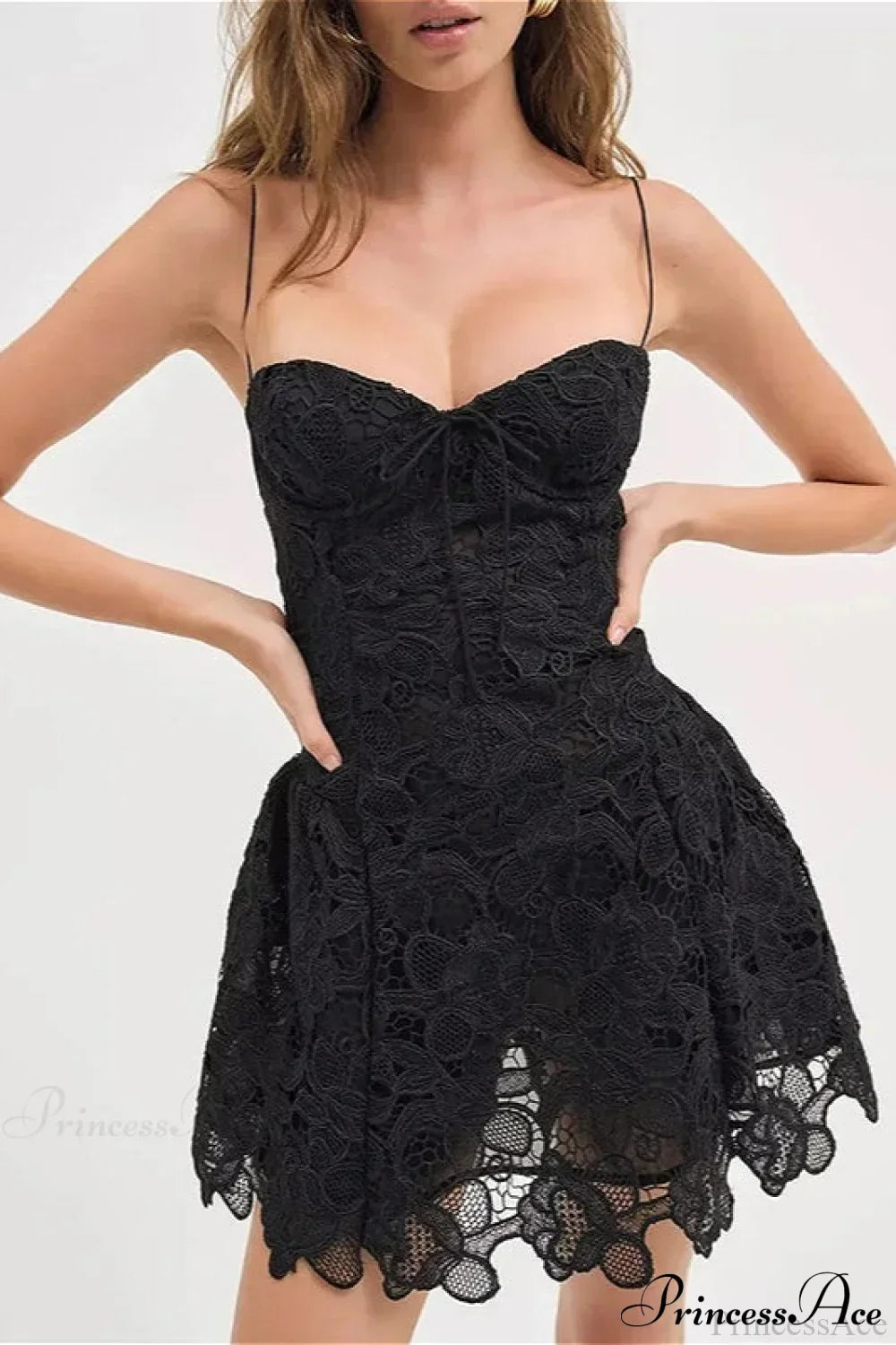 Crochet Lace Sweetheart Spaghetti Strap A-Line Mini Dress 3