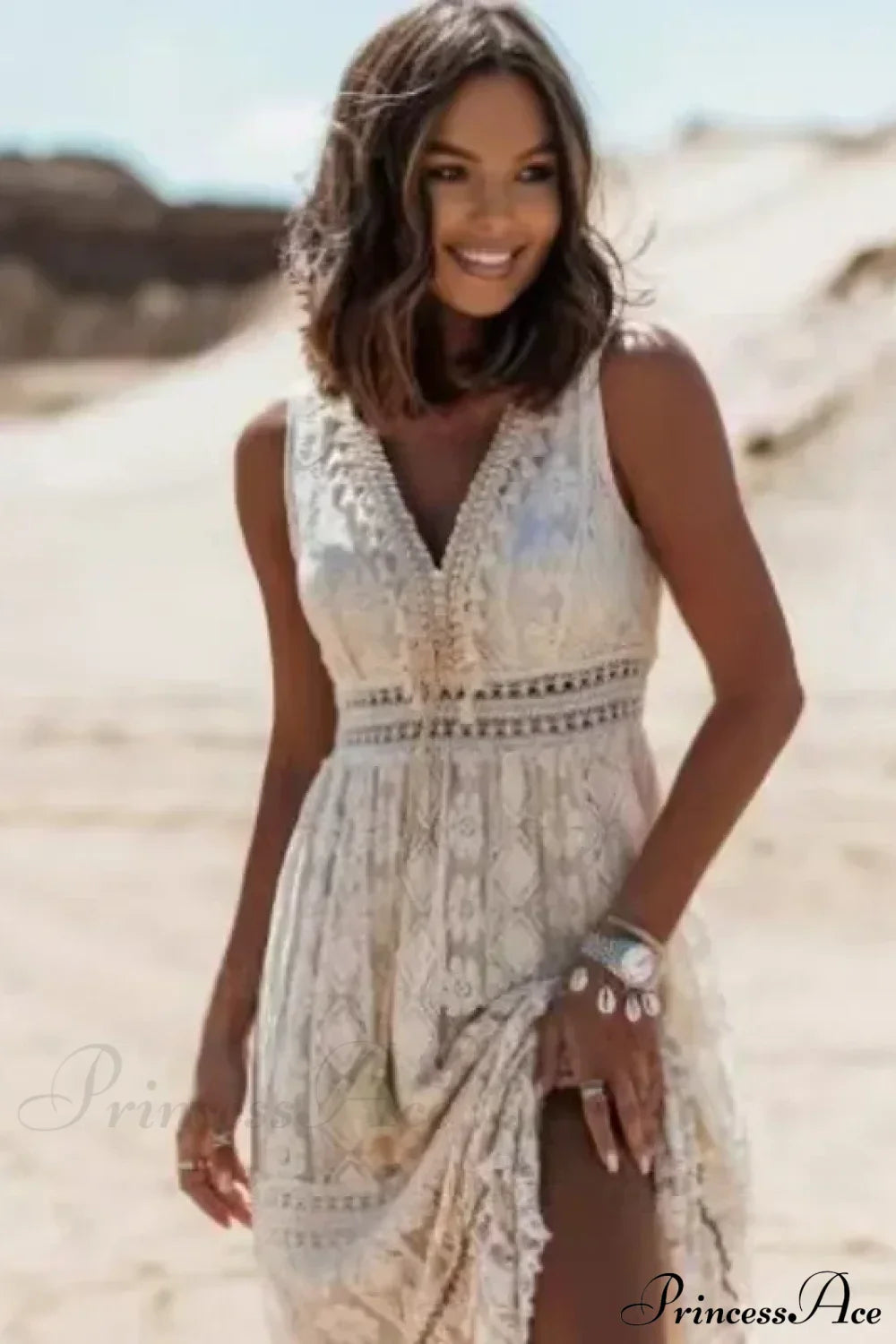 Strapless Lace Up Tassel Splicing Summer Maxi Boho Dress