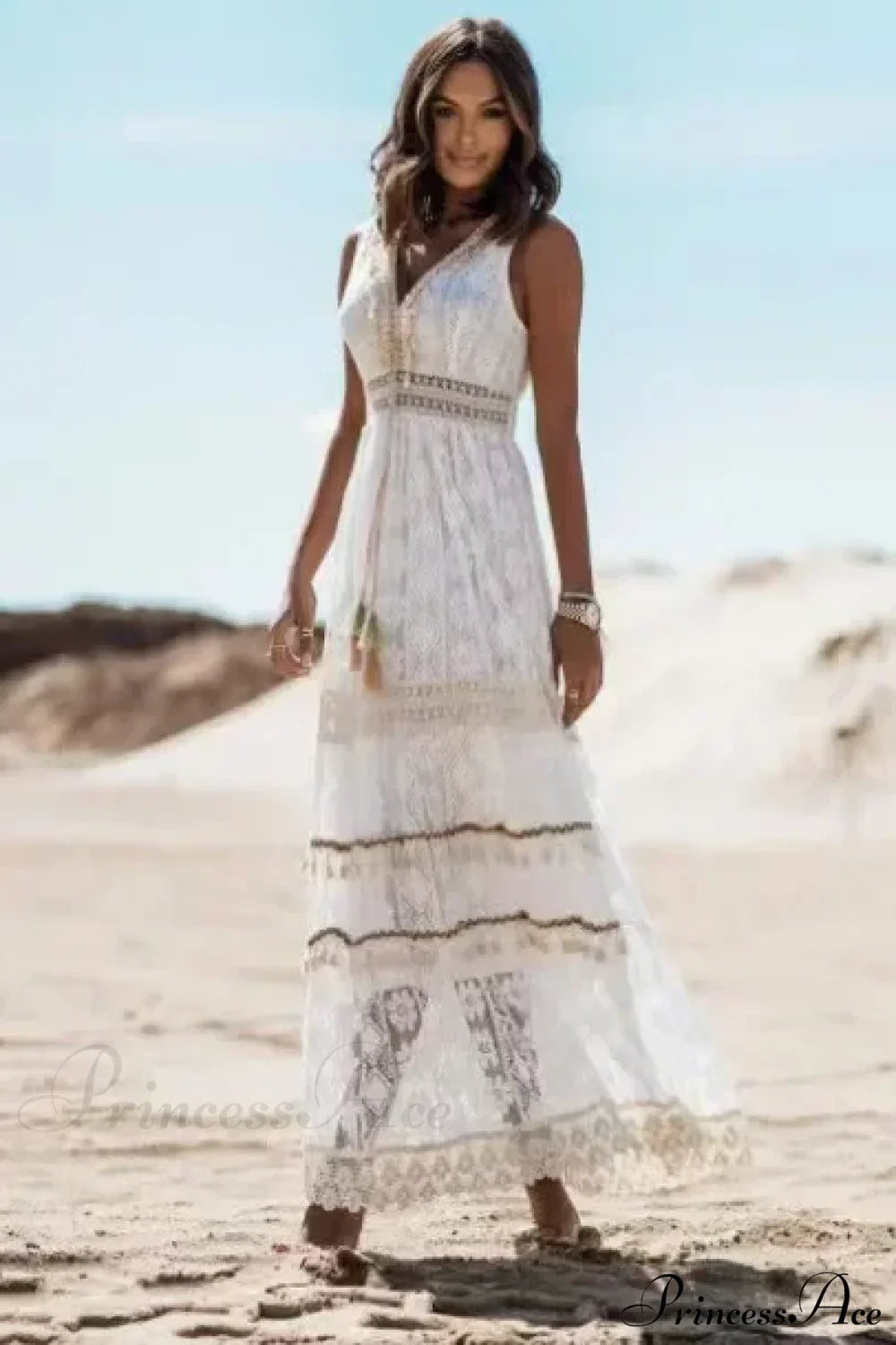 Strapless Lace Up Tassel Splicing Summer Maxi Boho Dress White / S bohodress-250126