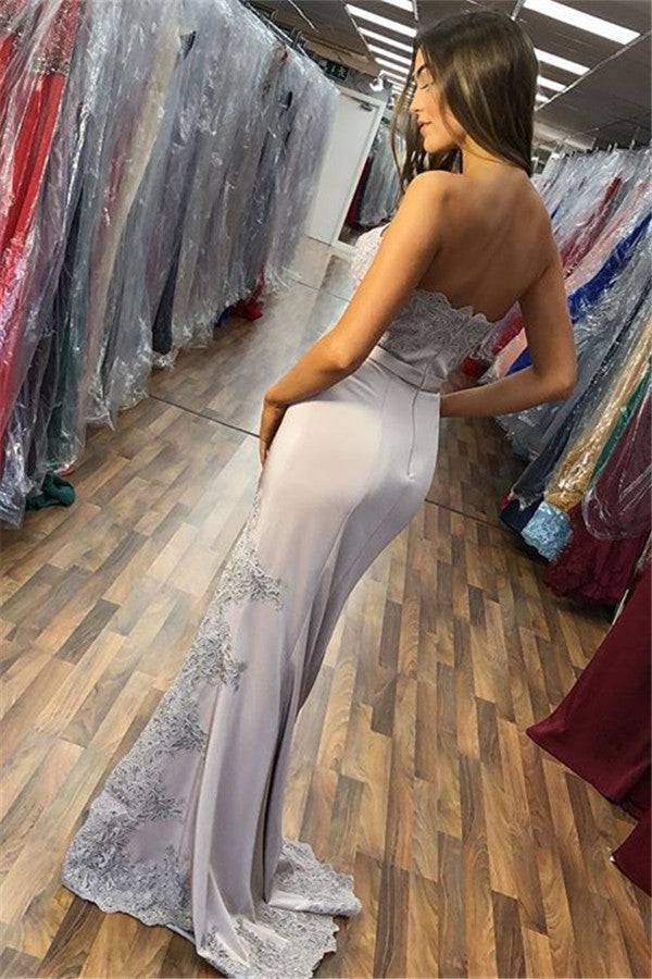 Strapless Mermaid Prom Dress Lace Appliques With Slit - Fashionpara