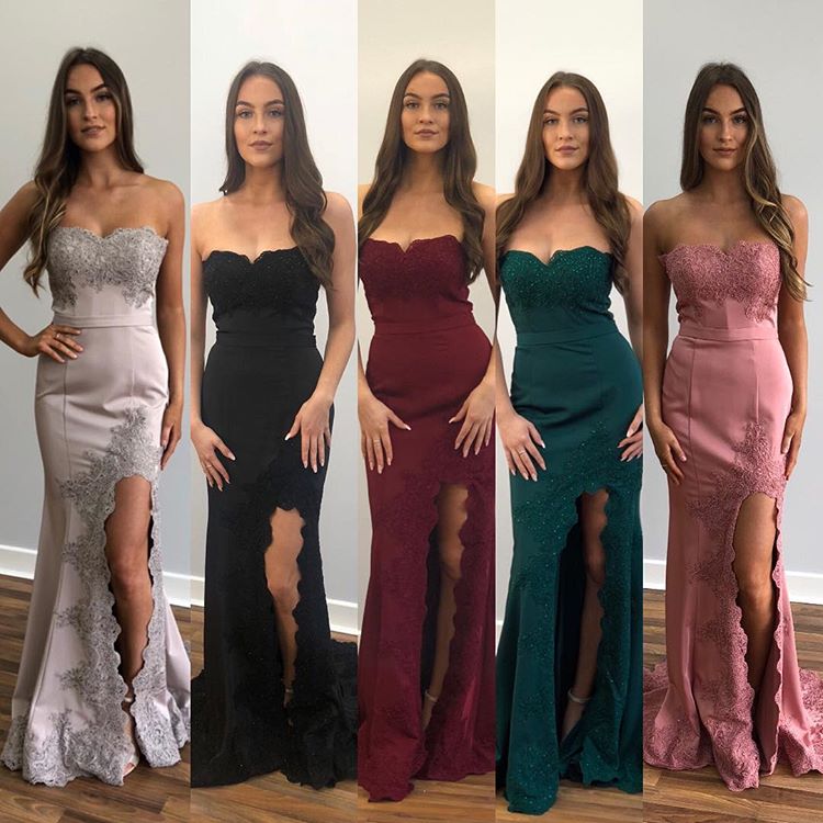 Strapless Mermaid Prom Dress Lace Appliques With Slit - Fashionpara