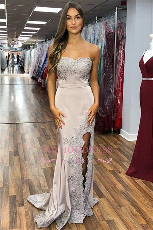 Strapless Mermaid Prom Dress Lace Appliques With Slit - Fashionpara