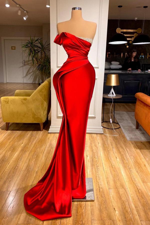 Strapless Red Mermaid Prom Dress With Beads - Fashionpara