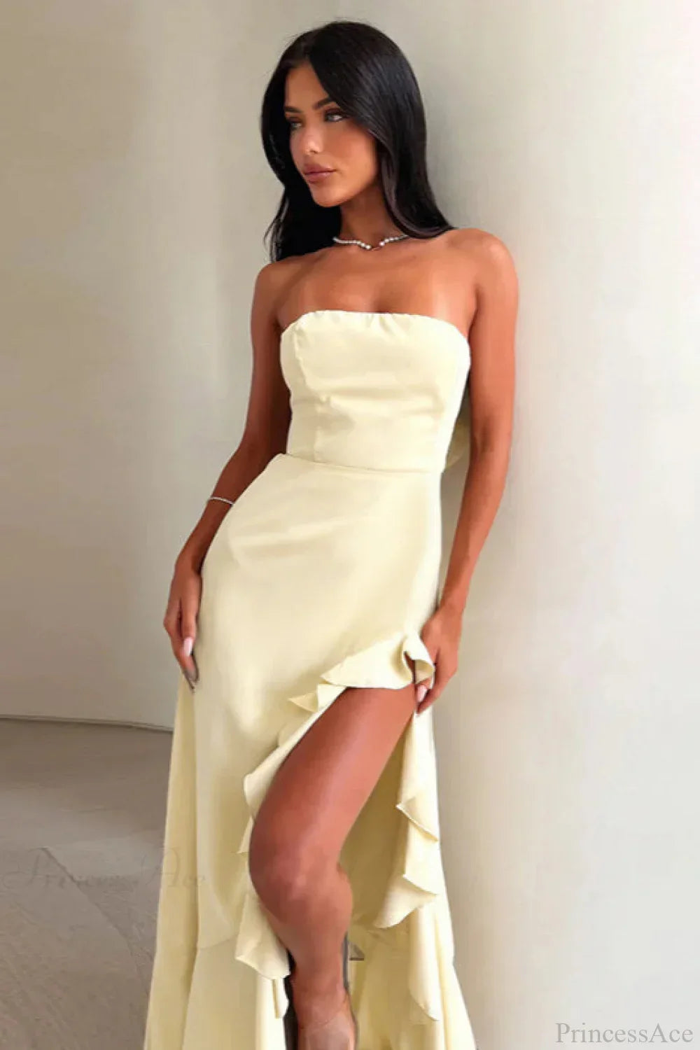 Strapless Satin Ruffle Slit Maxi Dress