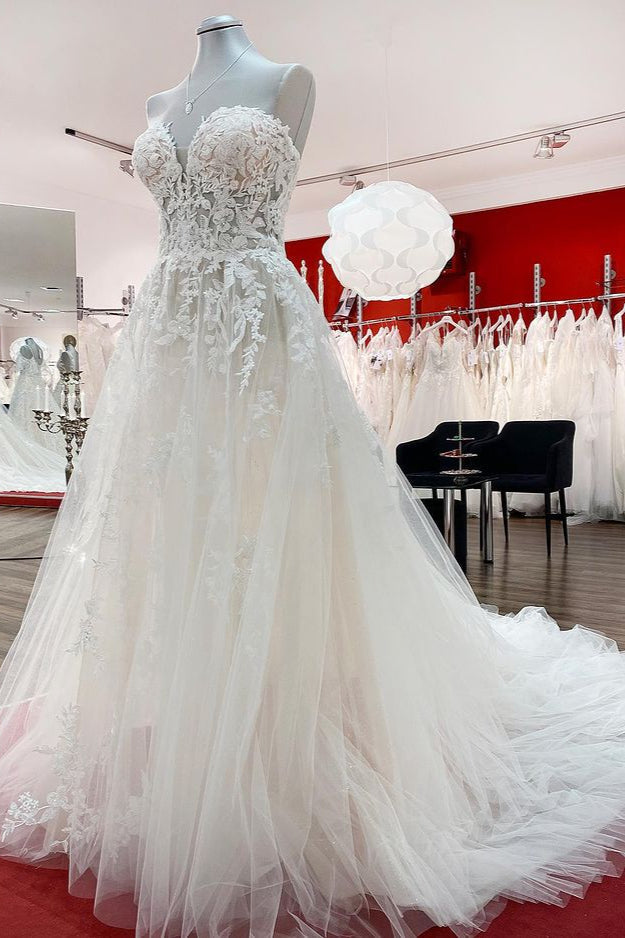 Strapless Ruffles Tulle Lace Ivory A-Line Wedding Dresses - Fashionpara