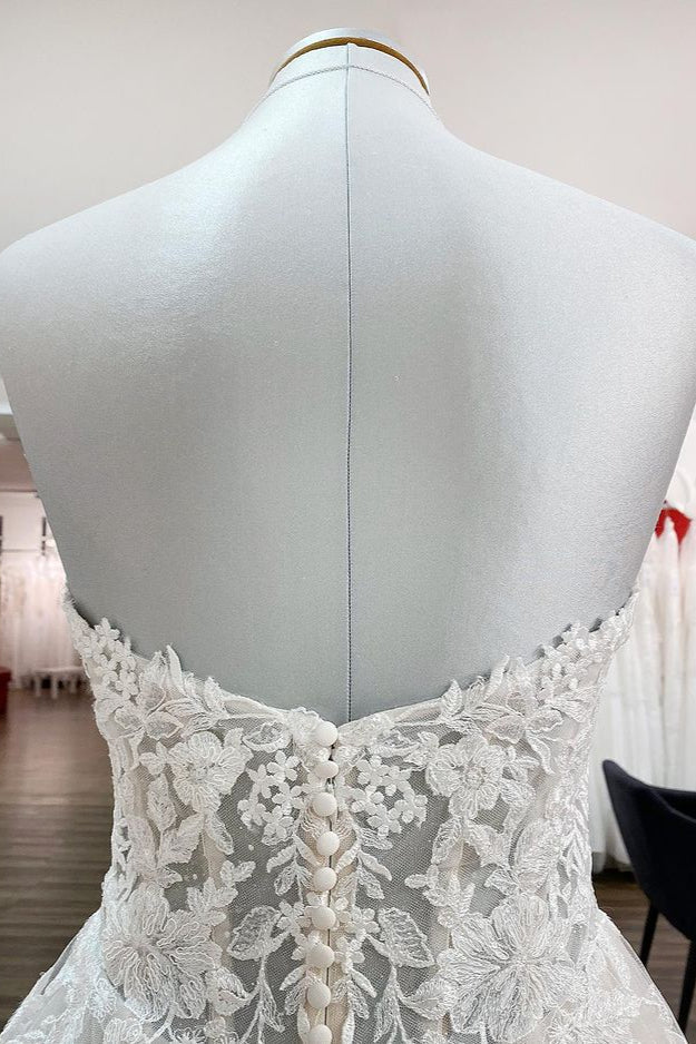 Strapless Ruffles Tulle Lace Ivory A-Line Wedding Dresses - Fashionpara