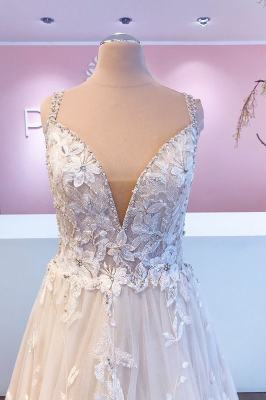 Straps Beadings Wedding Dress V-Neck Bridal Gowns With Appliques - Fashionpara