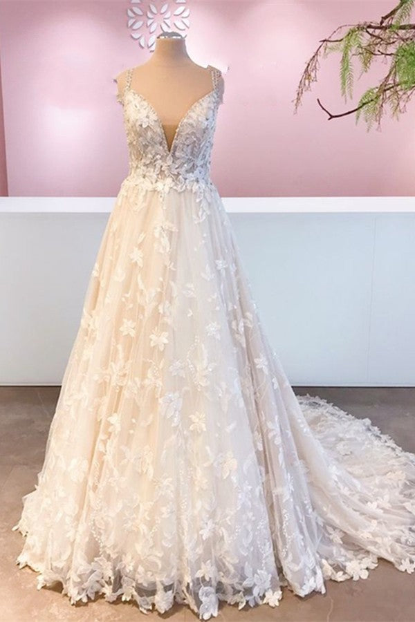 Straps Beadings Wedding Dress V-Neck Bridal Gowns With Appliques - Fashionpara