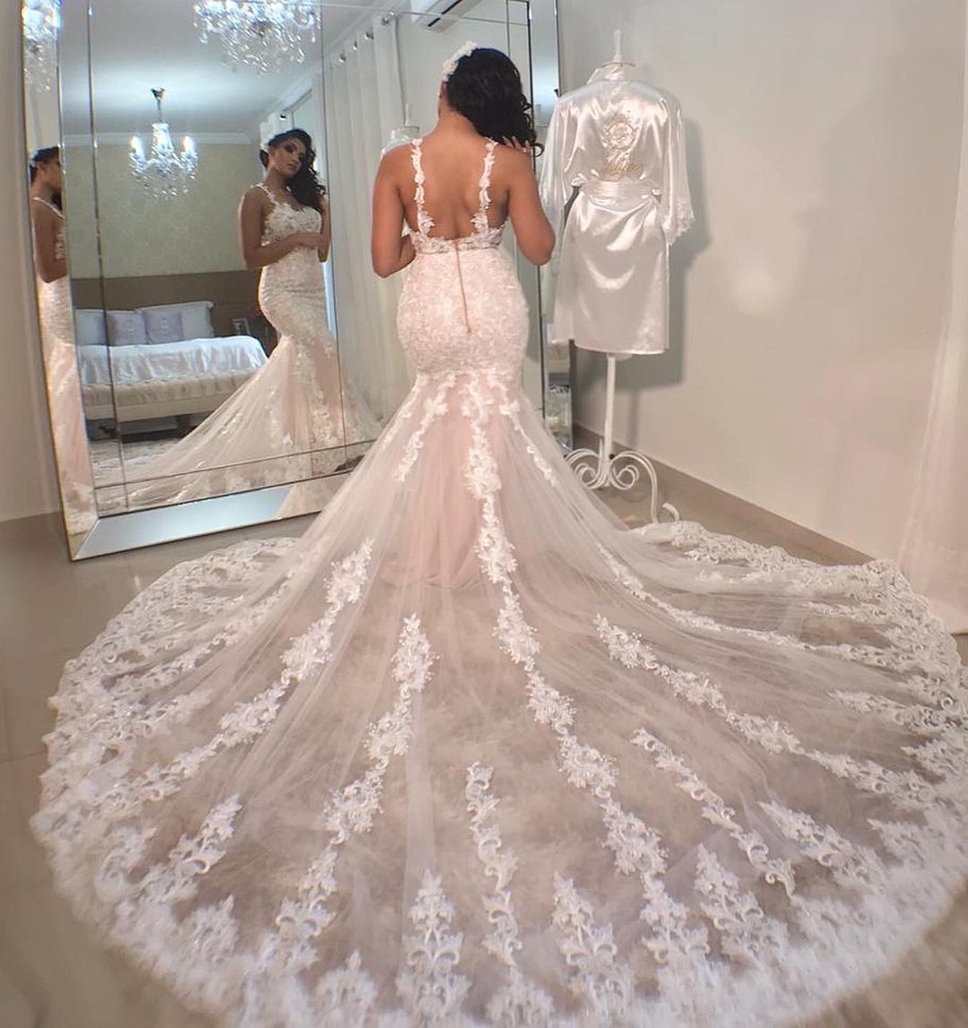 Straps Lace Appliques Wedding Dress Mermaid Long - Fashionpara