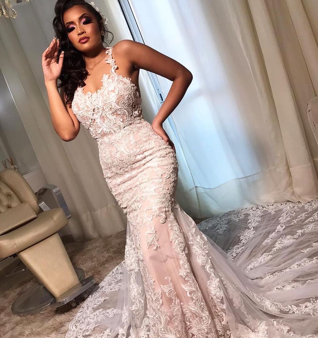 Straps Lace Appliques Wedding Dress Mermaid Long - Fashionpara
